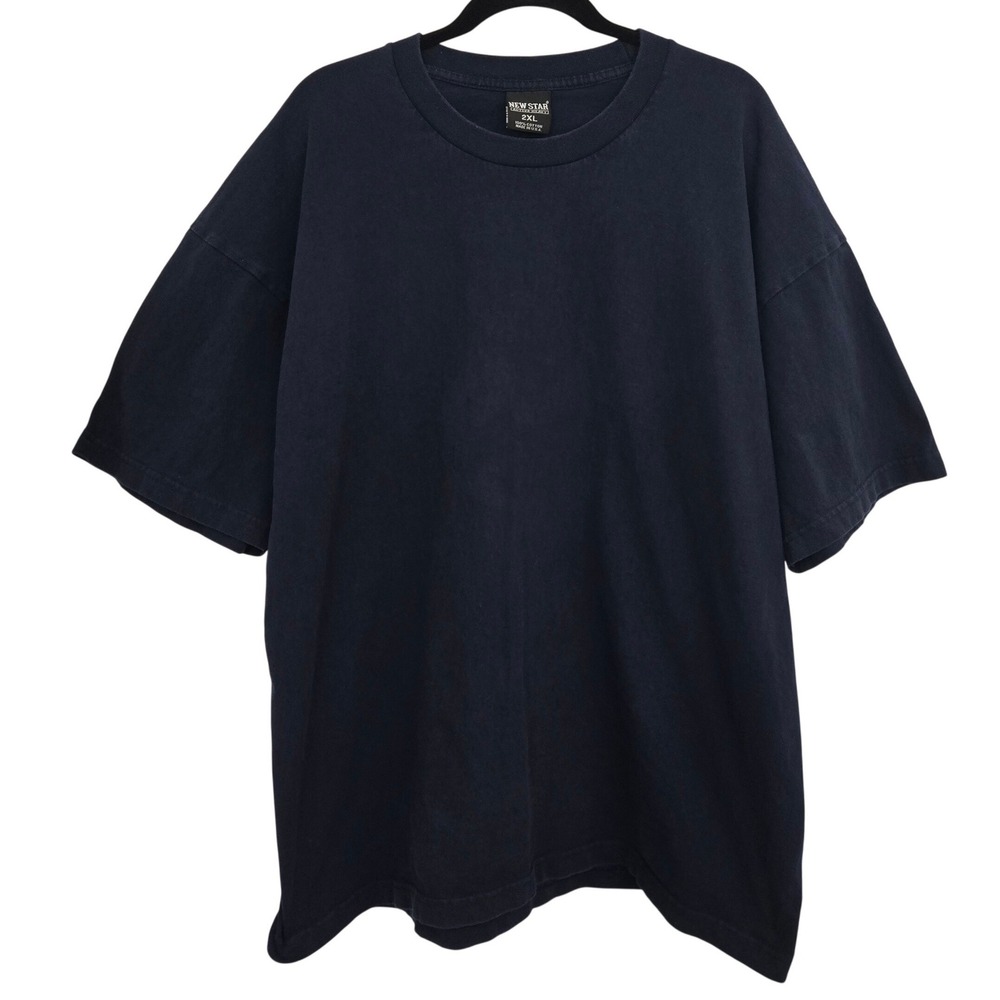 VTG New Star T-Shirt Navy Blue Heavyweight Blank Made in USA 2XL Distressed Boxy